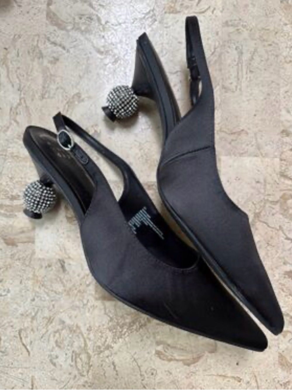 Women's Black Bucket Slingback Pointed-Toe Pump with Embellished Heel